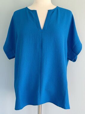 Zenana Oversized Relaxed Fit Top Textured Blue Short Sleeve Blouse Sz M